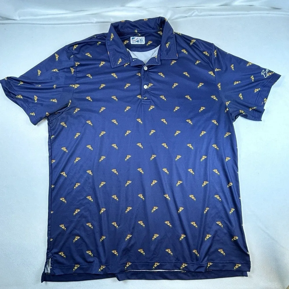 Bermies Polo Shirt Mens XL Blue Pizza All Over Print Golf Performance‎ Whimsy